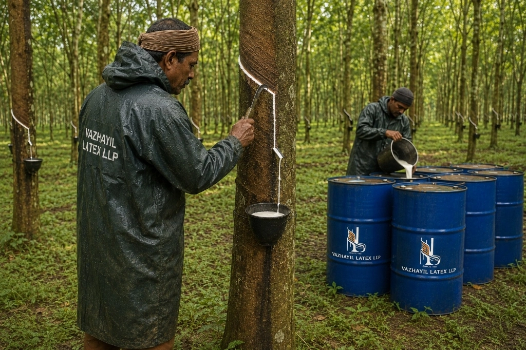 Traditional rubber farmer at a Vazhayil Latex partner plantation in Kerala