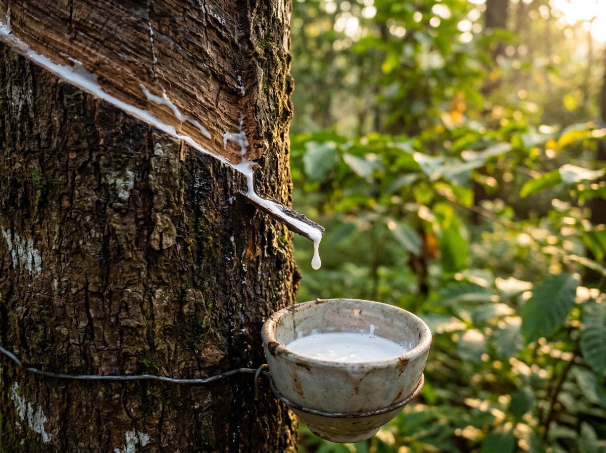 Rubber tree tapping process showing latex collection at a Vazhayil plantation