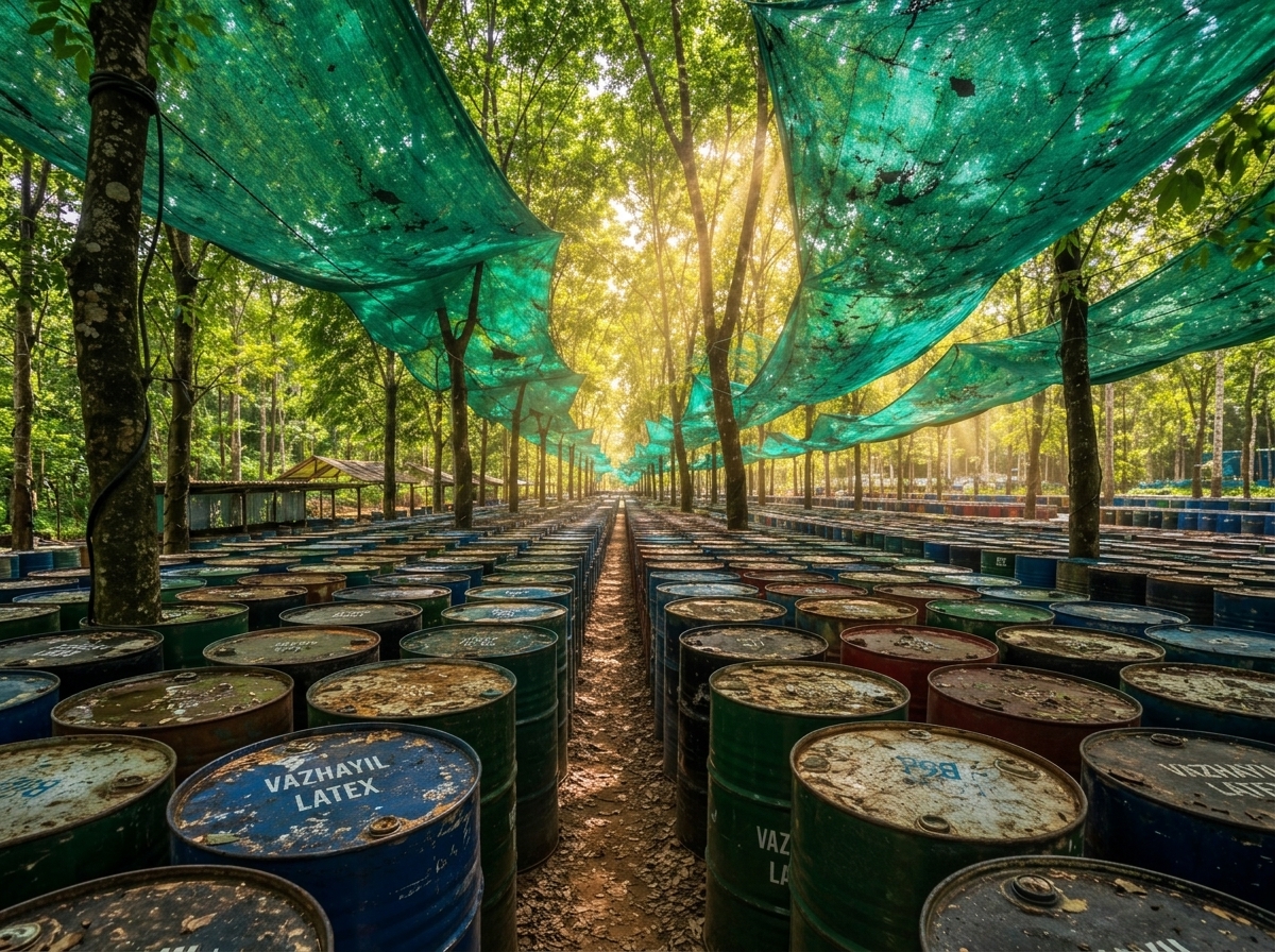 Latex storage barrels at Vazhayil processing facility